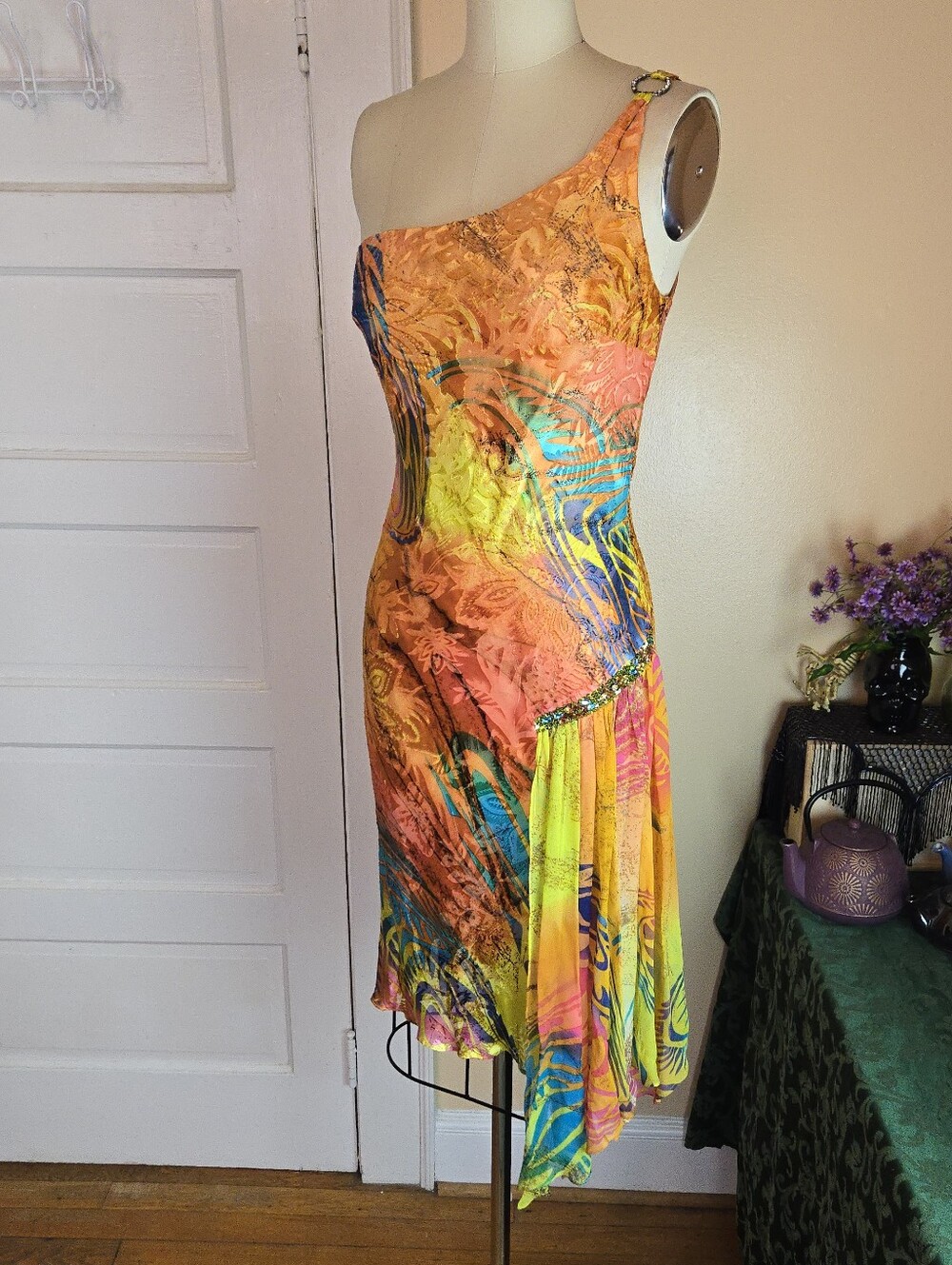 Diane Freis Silk Blend Y2K orange multicolor asymmetrical beaded midi dress - Picture 12 of 16